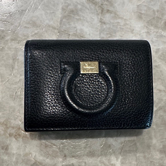 Salvatore Ferragamo Small Gancini Black Textured Wallet with Gold Accent